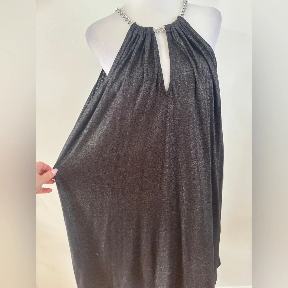 New! MICHAEL KORS silver Shimmer halter Chain Black Sleeveless Hi-Lo Dress